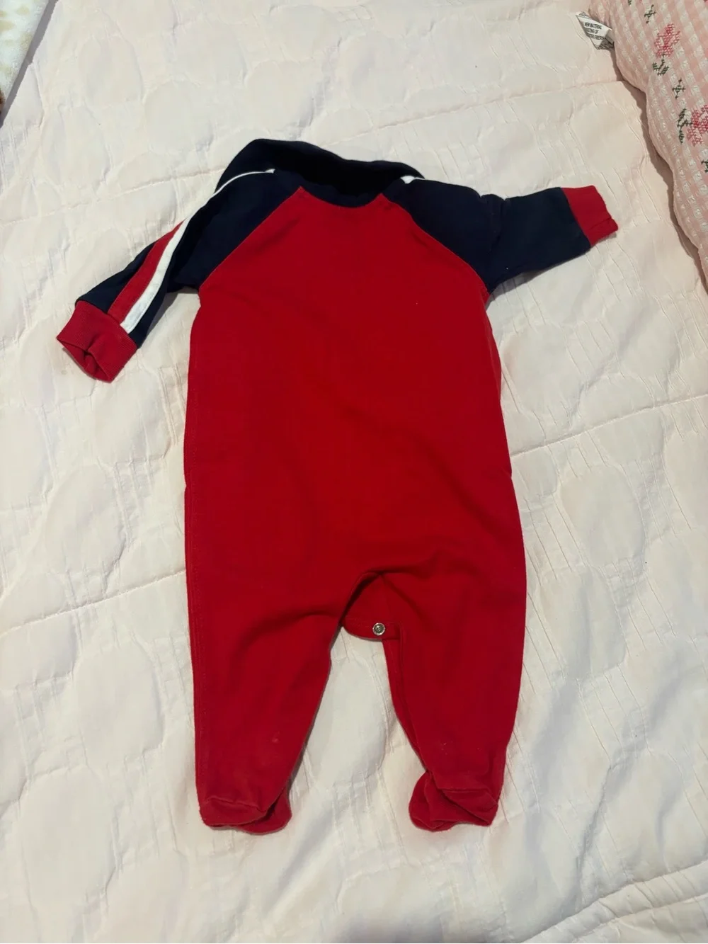 Ralph Lauren Red and Navy Stripe-Trim Footed Baby One-Piece